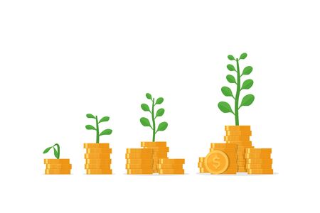 Tree growing on coins stack with Mutual fund, Income increase, interest rate, budget balance,financial strategy performanceのイラスト素材