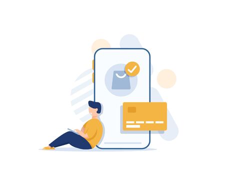 Modern flat design concept of online shopping with small people, mobile website development. UI and UX designのイラスト素材