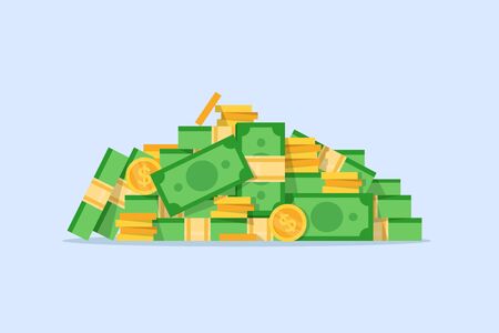 money coins and bills,Big stack of golden coins and dollar billのイラスト素材
