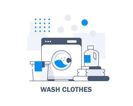 Washing machine and towels linen isolated,Equipment housework laundry wash clothes. Washer and flying bubbles in flat styleのイラスト素材