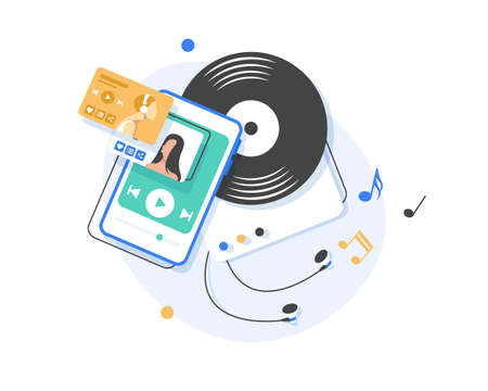 music playing and listening,flat design icon vector illustrationのイラスト素材