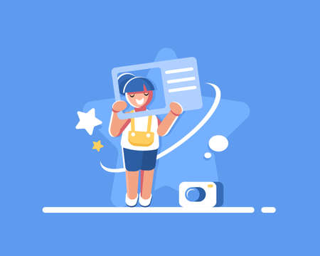 ID card and user profile concept,Identification, driver license,The female person, a woman holds in hands identification ID plastic cardのイラスト素材