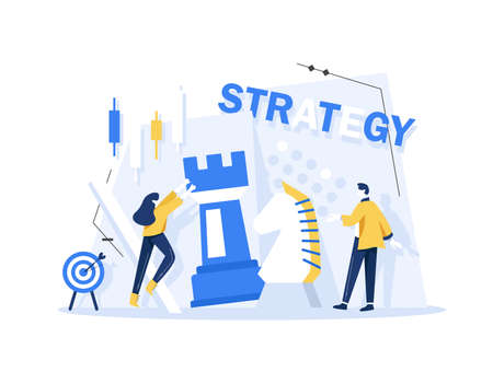 teamwork, strategy, business tactics concept. Team of diverse man and woman business people colleagues playing giant chess together meaning planning, thinking and discussing busineのイラスト素材