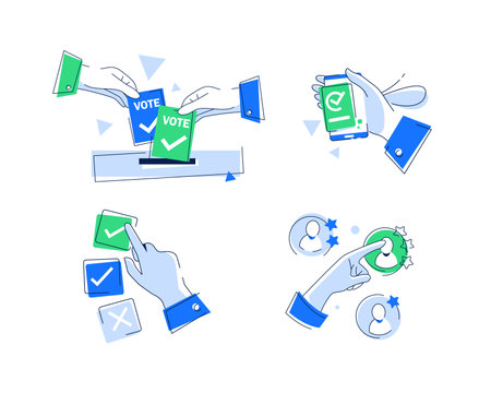 Puts voting ballot in ballot box. Voting and election concept,Clients Choosing Satisfaction Rating and Leaving Positive Reviewのイラスト素材