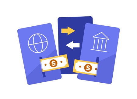 Money payment transfer in mobile. Online transaction with cash wallet and credit card. Two hands exchange electronic money. Concept of fast pay by purchase.のイラスト素材