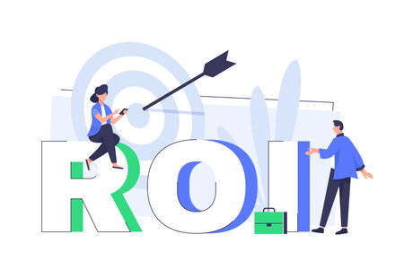 ROI concept design with elements. Return on investment - vector flat banner. Illustration of efficiency of investments in businessのイラスト素材
