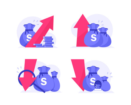 Money revenue profit icon concept,capital boost or funds down,budget cash loss bankruptcy and reduction cost as financial economic crisis or stock market fallのイラスト素材
