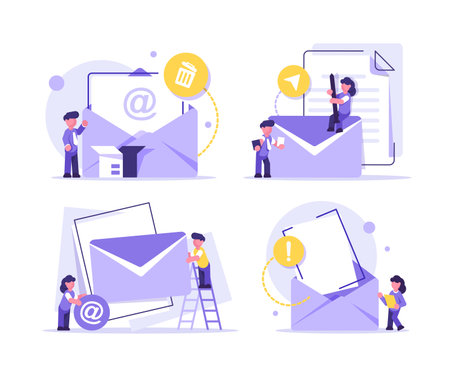 E-mail marketing and promotion,Ecommerce business concept,Characters sending advertising mails and promotional offers with sales and discountsのイラスト素材