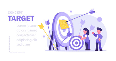 Teamwork concept with tiny people characters working together with big target and tiny people charactersのイラスト素材