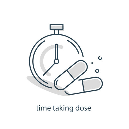 time to take medicine,Time to take pills illustration symbol. Sign pills and clock vector flatのイラスト素材