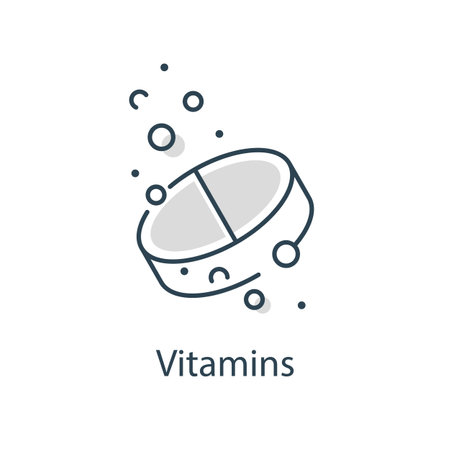vitamins or sugar substitute, water bubbles, thin line symbol on white background,soluble tablet icon, effervescent pillのイラスト素材