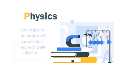 Physics flat concept vector illustration. School subject. Natural science metaphor. Practical class. University course. Student textbook and school laboratory items 2D cartoon objeのイラスト素材
