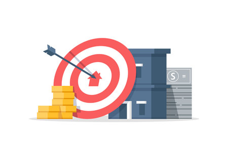 Financial target goal concept vector flat cartoon illustration, idea of marketing business money earnings aim,  strategy achievementのイラスト素材
