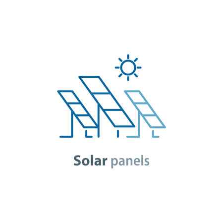solar panels station concept,Renewable energy,green electricity, vector line iconのイラスト素材
