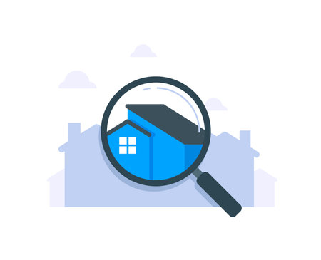 Real Estate Search Illustration, magnifying glass highlighting a house selectionのイラスト素材