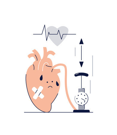 Hypertension, high blood pressure treatment. Big human heart with sphygmomanometer. Medical examination and cardiology checkupのイラスト素材