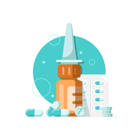 Medicine bottle with nasal drops and pills,Healthcare, pharmacy, drug store concept banner. Medication, pharmaceutics conceptのイラスト素材