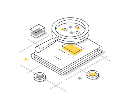 representing online education with a magnifying glass over a book, surrounded by shapes. Study and research in digital learningのイラスト素材