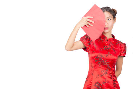 Asian girl in traditional and take Red envelopes chinese new year,Concept celebrating Chinese Lunar...