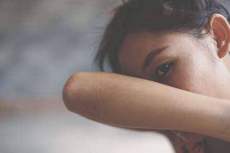 Emotional portrait of abused, crying,- violence conceptの写真素材