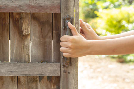 Women's hands closed the cupboard doors, dark woodの写真素材