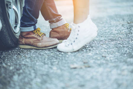 A young loving couple hugging and kissing. Summer in love