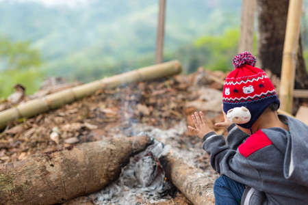 In the summer in the woods a little boy sitting on a log near the fire.の写真素材