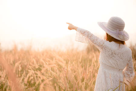 Happy girl in the meadow,Joy , sunlight , wheat.の写真素材