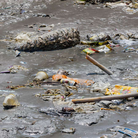 View of polystyrene , plastic bottles and other domestic garbageの写真素材