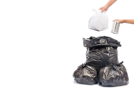 Female and children hand holding garbage bag isolated on white background