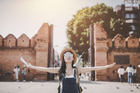 Tourist traveler on background view mock up,travelr enjoy in trip in thailand, Travel concept.の写真素材