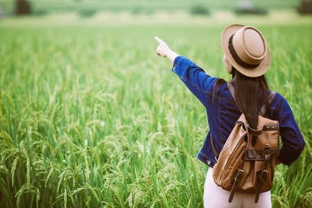 Woman traveler with backpack  hat and looking at lies on a meadow in the mountains.の写真素材