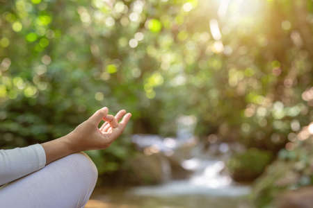 Beautiful girls are playing yoga at the park. Among the natural waterfalls in the forest, exercise conceptsの写真素材
