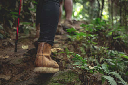 Hiking female boots have fun and enjoy wilderness exploration. Freedom concept trekkingの写真素材
