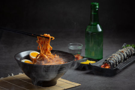 Korean instant noodle and tteokbokki in korean spicy sauce, Ancient foodの写真素材