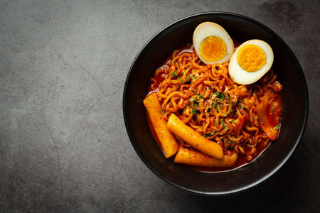 Korean instant noodle and tteokbokki in korean spicy sauce, Ancient foodの写真素材