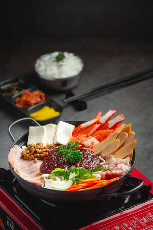 spicy meat and pork boil in hot potの写真素材