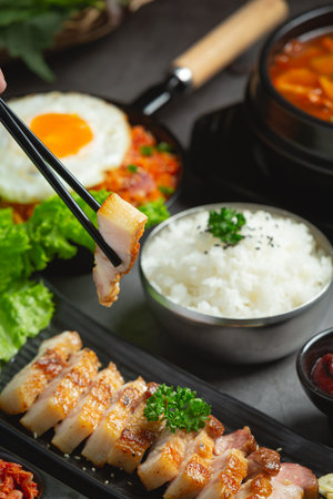 grilled pork served with sauce in korean styleの写真素材