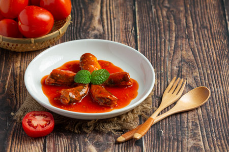 Canned fish in tomato soupの写真素材