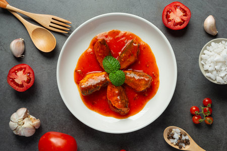 Canned fish in tomato soupの写真素材