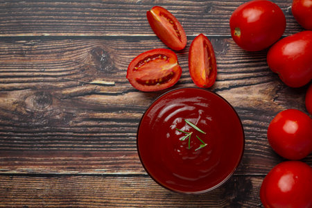 ketchup or tomato sauce with fresh tomatoの写真素材