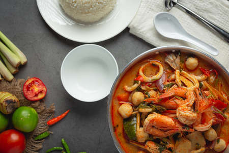 Thai Food;Tom Yum Seafood or seafood spicy soupの写真素材
