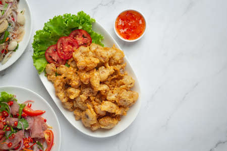 Fried Chicken Tendon serve with sauceの写真素材