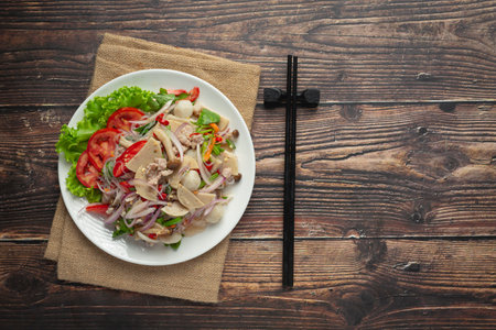 Thai food ;mixed spicy pork sausage salad with vermicelli noodleの写真素材