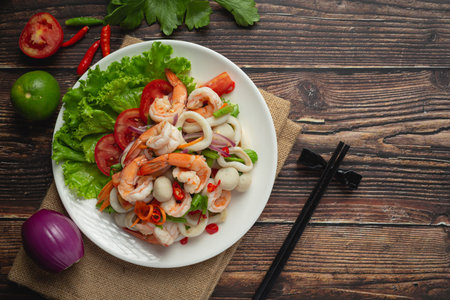 Thai food ;Spicy mixed seafood saladの写真素材