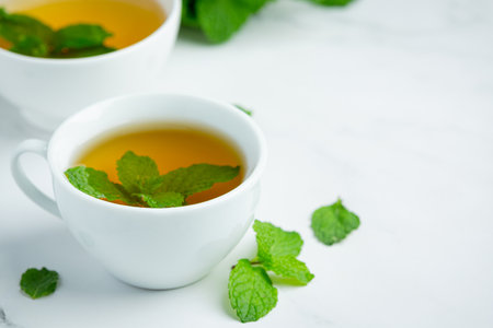 peppermint tea in glass ready to drinkの写真素材