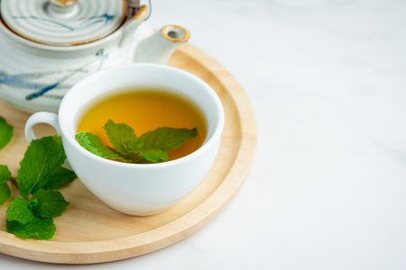 peppermint tea in glass ready to drinkの写真素材