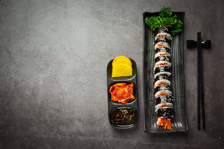 Korean food, Kim Bap - Steamed rice with vegetables in seaweed.の写真素材