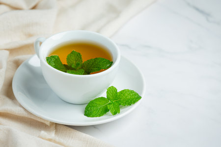 peppermint tea in glass ready to drinkの写真素材