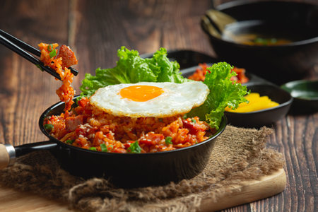 korean food ;fried rice with kimchi serve with fried eggの写真素材